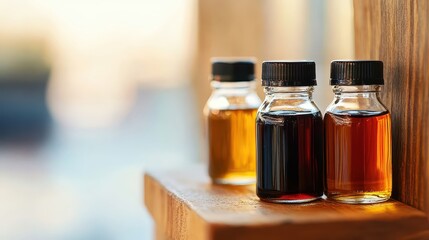 Close up of various dressings displayed in small glass bottles