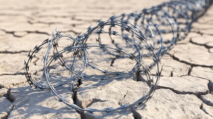 Coiled Barbed Wire on Cracked Dry Earth Surface