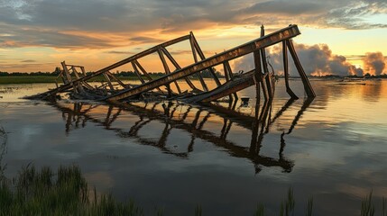 Collapsed bridge structure reflecting in tranquil water during sunset