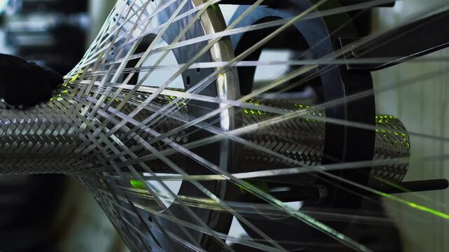 Spinning spindles ensure fast winding. Weaving of metal hoses.