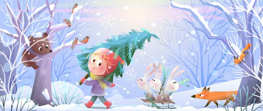 Cute Girl with Christmas Tree and Sled in Fairytale Winter Landscape with Animals. Magical winter holidays illustration for children greeting card. Vector hand drawn wintertime cartoon for kids