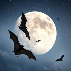 flying bats silhouette against a full moon