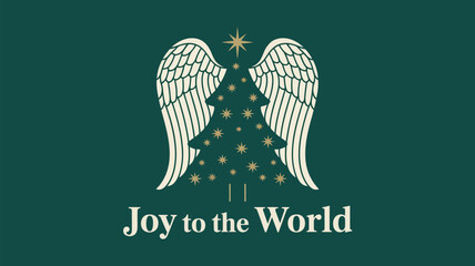 Elegant Christmas tree with angelic wings and star, proclaiming "Joy to the World" for festive holiday designs