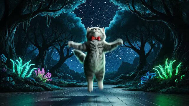 Cat standing on hind legs under spotlight with bow tie