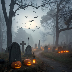 a foggy path lined with glowing lanterns