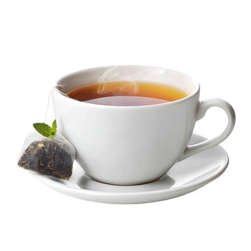 Steaming cup of black tea with tea bag and mint garnish