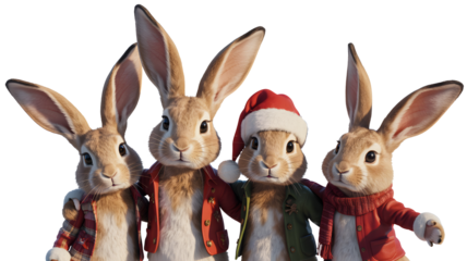 Four adorable rabbits wearing festive holiday clothing isolated on transparent background
