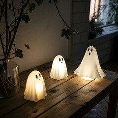 ghost shaped candles glowing in the dark