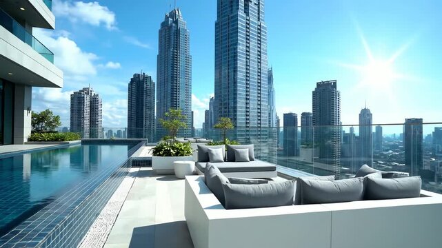 Modern rooftop pool and cityscape with sunny sky background