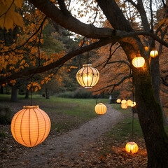 glowing lanterns shaped like pumpkins hanging from tree