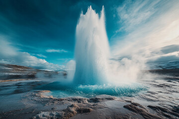 A geyser eruption captured in slow motion, showing intricate water patterns