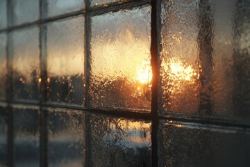 Evening Light Shines Through Textured Glass Blocks Creating Abstract Shapes and Golden Hues Near Silhouette of Distant Cityscape