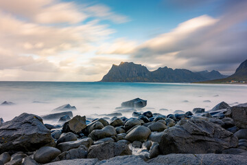 Beautiful Utakliev beach in the Norwegian Lofoten Islands