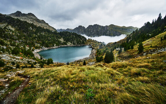 reservoir at the Refugi dera Restanca, La Val d'Aran, Catalonia, Pyrenees mountains, Spain, Europe