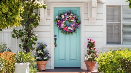 A lovely blue door greets visitors surrounded by blooming flowers and healthy green plants.