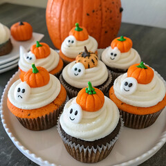 Halloween cupcakes decorated with ghosts and pumpkin