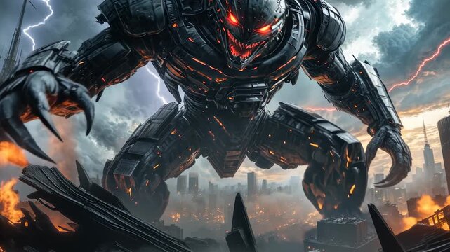 A massive robotic creature towers over a city, surrounded by shattered buildings and debris.