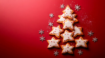 Star-shaped Christmas cookies decorated with white icing and red sprinkles arranged in a festive tree shape on a vibrant red background with snowflakes