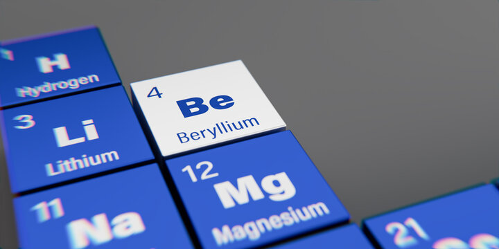 Detail view of the chemical element Be Beryllium with the atomic number 4 within the periodic table of elements. Dynamic dispersion effect at the corners and shallow depth of field.