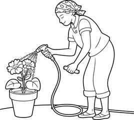 Woman watering flowers in a pot with garden hose, spring gardening activity, eco-friendly lifestyle, outdoor plant care illustration