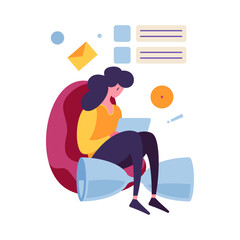 Woman Using Tablet in Hourglass Chair Conceptual Illustration of Time Management and Tasks