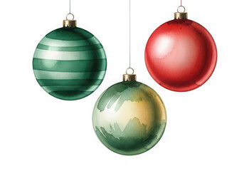 Three hanging christmas ornaments, two green one red, isolated on transparent background
