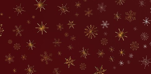 Festive Christmas background featuring golden snowflakes on a rich burgundy background. Perfect for holiday designs and winter celebrations.