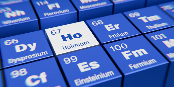 Detail view of the chemical element Ho Holmium with the atomic number 67 within the periodic table of elements. Dynamic dispersion effect at the corners and shallow depth of field.