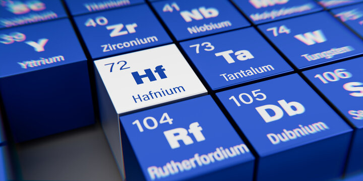 Detail view of the chemical element Hf Hafnium with the atomic number 72 within the periodic table of elements. Dynamic dispersion effect at the corners and shallow depth of field.