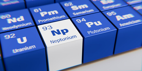 Detail view of the chemical element Np Neptunium with the atomic number 93 within the periodic table of elements. Dynamic dispersion effect at the corners and shallow depth of field. © Andreas Prott