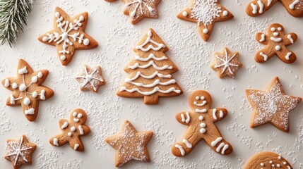 Festively decorated gingerbread cookies shaped like stars, trees, and snowflakes arranged on a light surface with powdered sugar, creating a delightful Christmas atmosphere