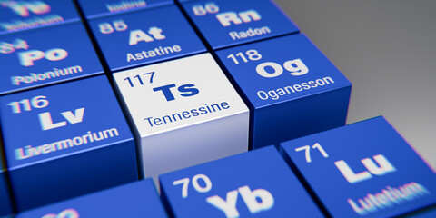 Detail view of the chemical element Ts Tennessine with the atomic number 117 within the periodic table of elements. Dynamic dispersion effect at the corners and shallow depth of field.