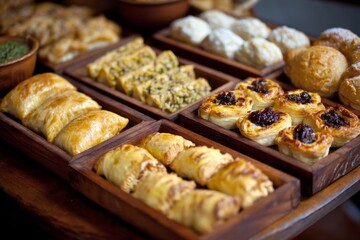 Assortment of Various Baked Goods Displayed in Wooden Trays, Featuring Puff Pastries, Empanadas, and Cream Puffs