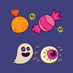 Hand-drawn Halloween icons featuring candy, a ghost, and a spooky eyeball on a purple background