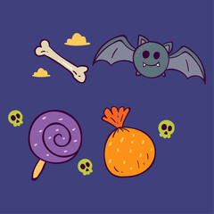 Naklejka premium Hand-drawn collection of cute Halloween icons with a bat, candy, bone, and spooky skulls