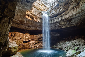 A hidden waterfall cascading inside a massive limestone cavern
