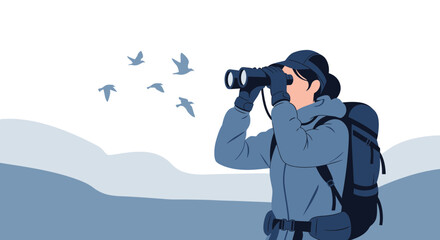Fototapeta premium Observing Skyward Flight A Hiker Finds Joy Watching Flying Birds In The Scenery