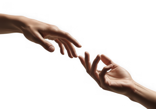 Two hands reaching out to each other, fingertips touching