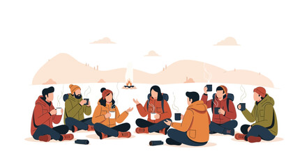 People Enjoying Cozy Campfire with Hot Beverages Outdoors In Wintertime