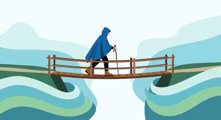 Person Walking Across Wooden Bridge With Blue Cape Over Scenic Blue Waters