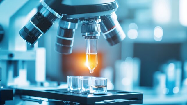 Microscope with cuvette analyzing solution in a laboratory setting