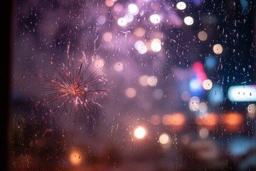 Obraz premium Rainy Window View of Fireworks Display, Festive Celebration, and Bokeh Lights in Background