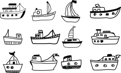 A black and white set of boat illustration vector style page