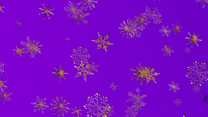 Abstract design of golden snowflakes floating against a vibrant purple backdrop perfect for festive themes and holiday promotions.