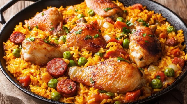 Paella with chicken chorizo and saffron rice in cast iron pan