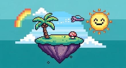 Pixel Art Floating Island Game Asset with Green Grass, Tree, Clouds, and Retro 8-bit Style Background