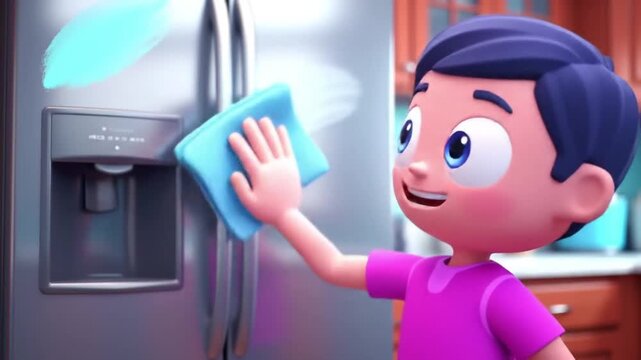 Cartoon figure cleaning refrigerator with cloth in a domestic kitchen setting - Powered by Adobe