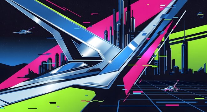 Synthwave Retrowave Futuristic Spaceship Flying Over Cyber City Skyline