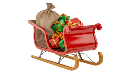 Red sleigh filled with christmas gifts and santa s sack isolated on transparent background