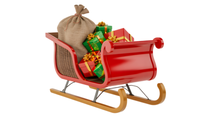 Red sleigh filled with christmas gifts and santa s sack isolated on transparent background